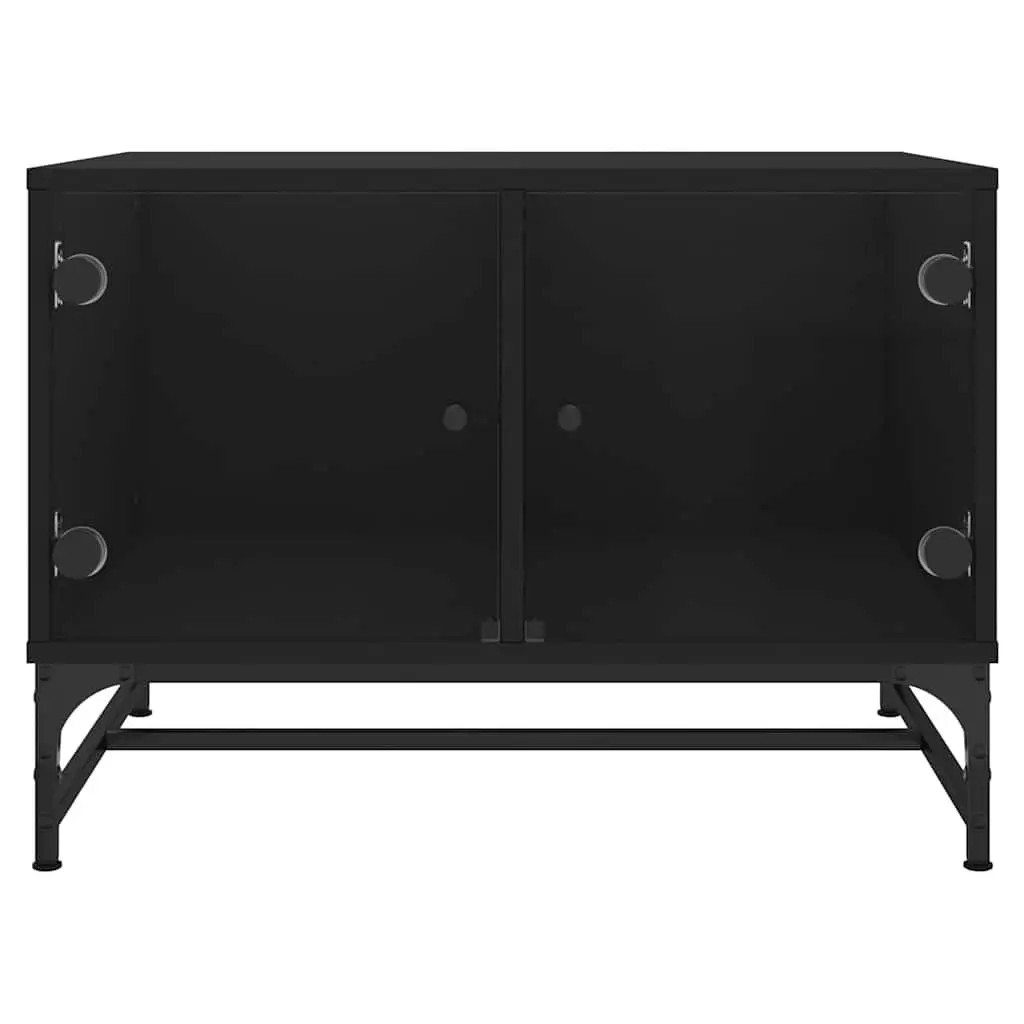 Coffee Table Engineered Wood Black with Glass Doors Storage Display 68.5 x 50 x 50 cm