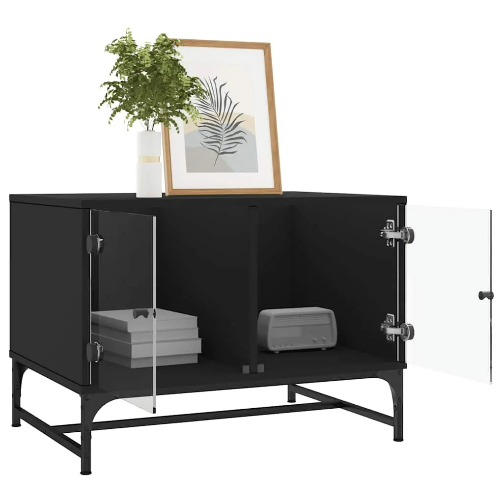 Coffee Table Engineered Wood Black with Glass Doors Storage Display 68.5 x 50 x 50 cm