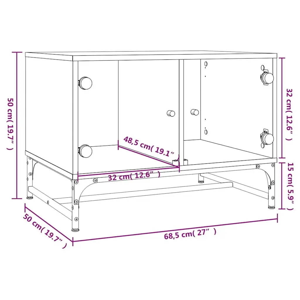 Coffee Table Engineered Wood Black with Glass Doors Storage Display 68.5 x 50 x 50 cm
