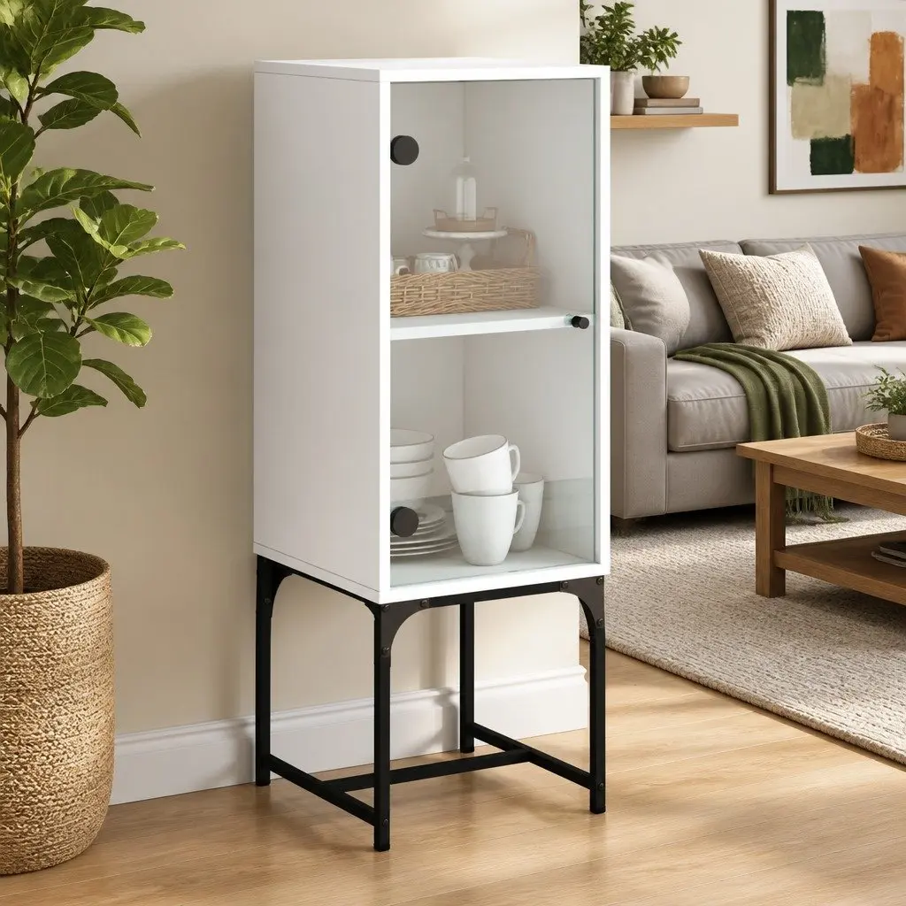 Side Cabinet Engineered Wood 35W x 37D x 100H cm White with Glass Doors