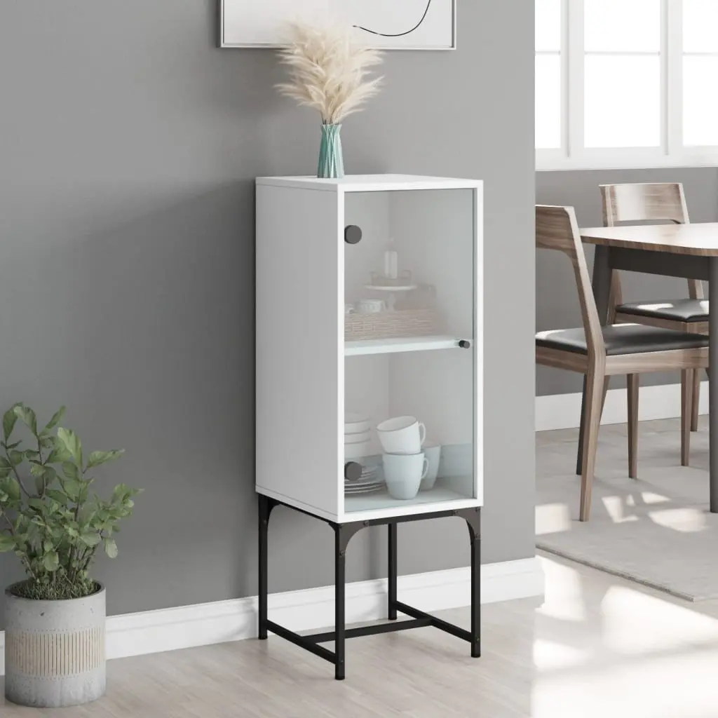 Side Cabinet Engineered Wood 35W x 37D x 100H cm White with Glass Doors