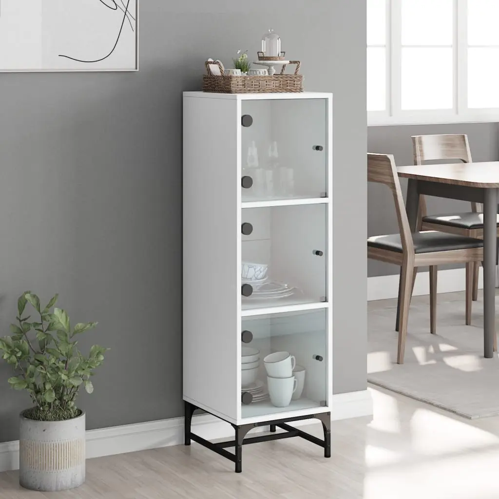 Highboard Cabinet Engineered Wood White 35x37x120cm with Glass Doors for Storage and Display