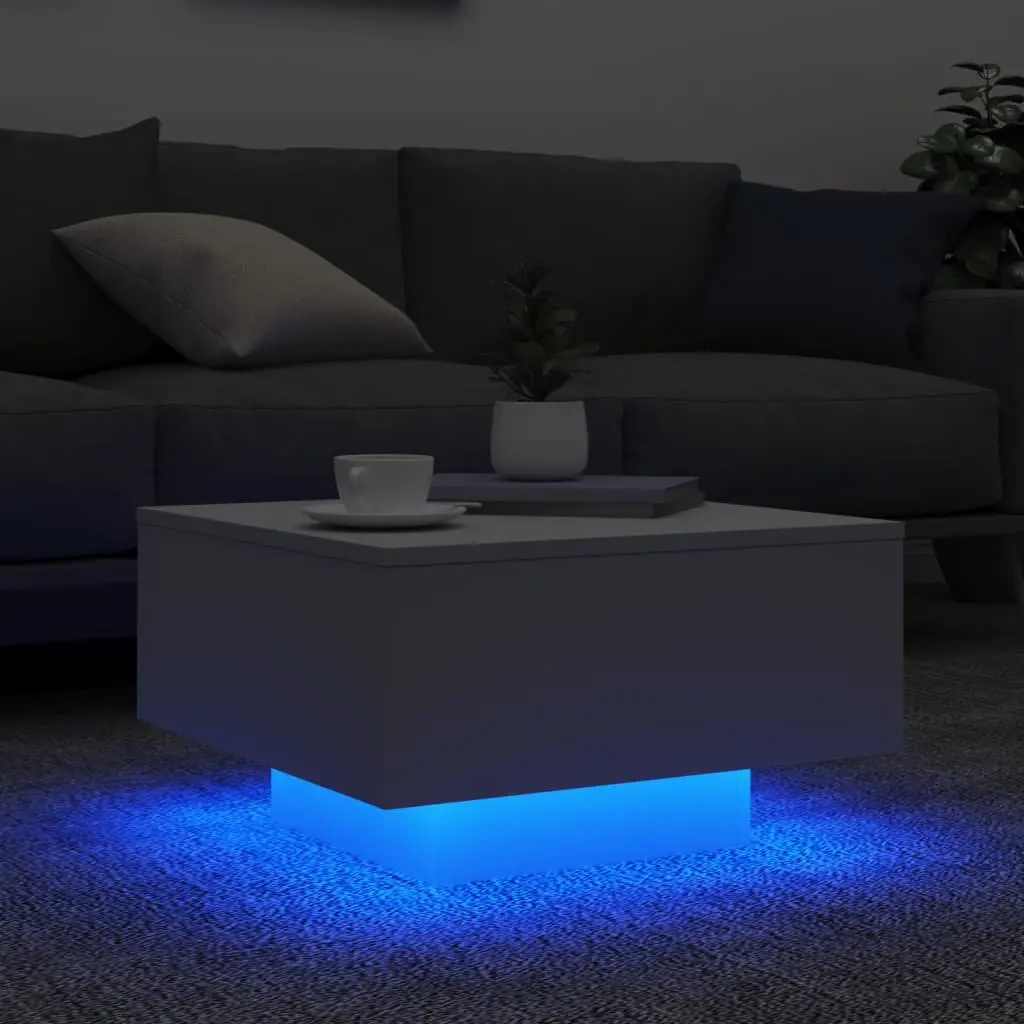 Coffee Table White Engineered Wood RGB LED Lights 55x55x31cm Modern Living Room