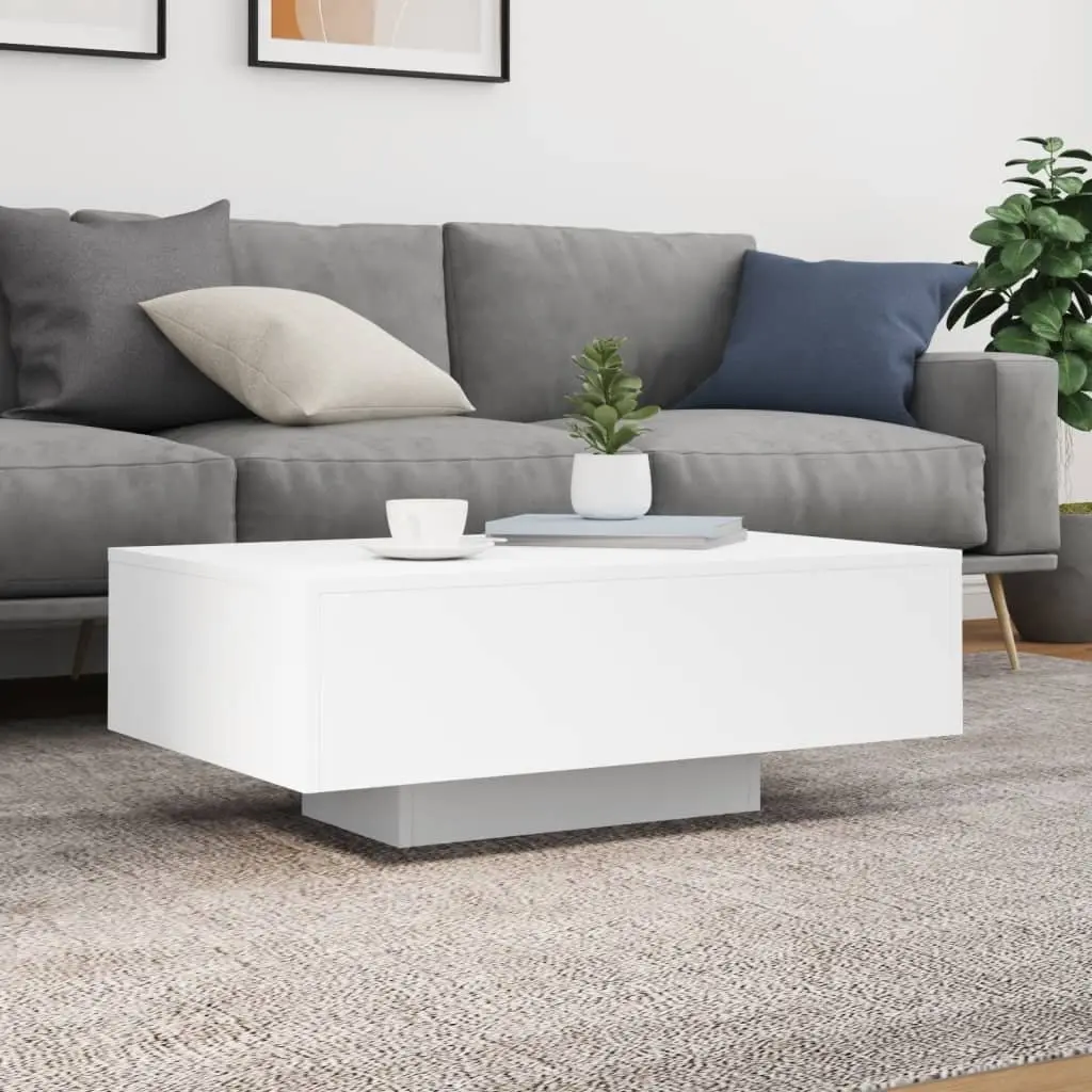 Coffee Table White Engineered Wood 85x55x31cm with RGB LED Lights for Living Room