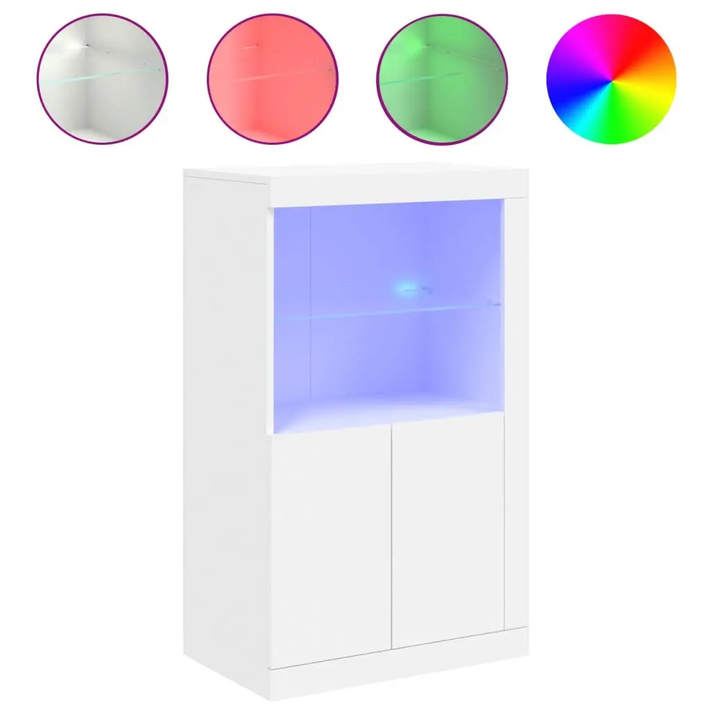 Side Cabinet Engineered Wood White with RGB LED Lights and Glass Shelf
