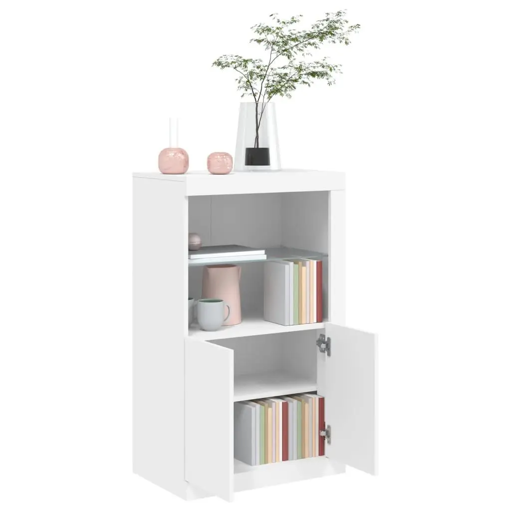 Side Cabinet Engineered Wood White with RGB LED Lights and Glass Shelf