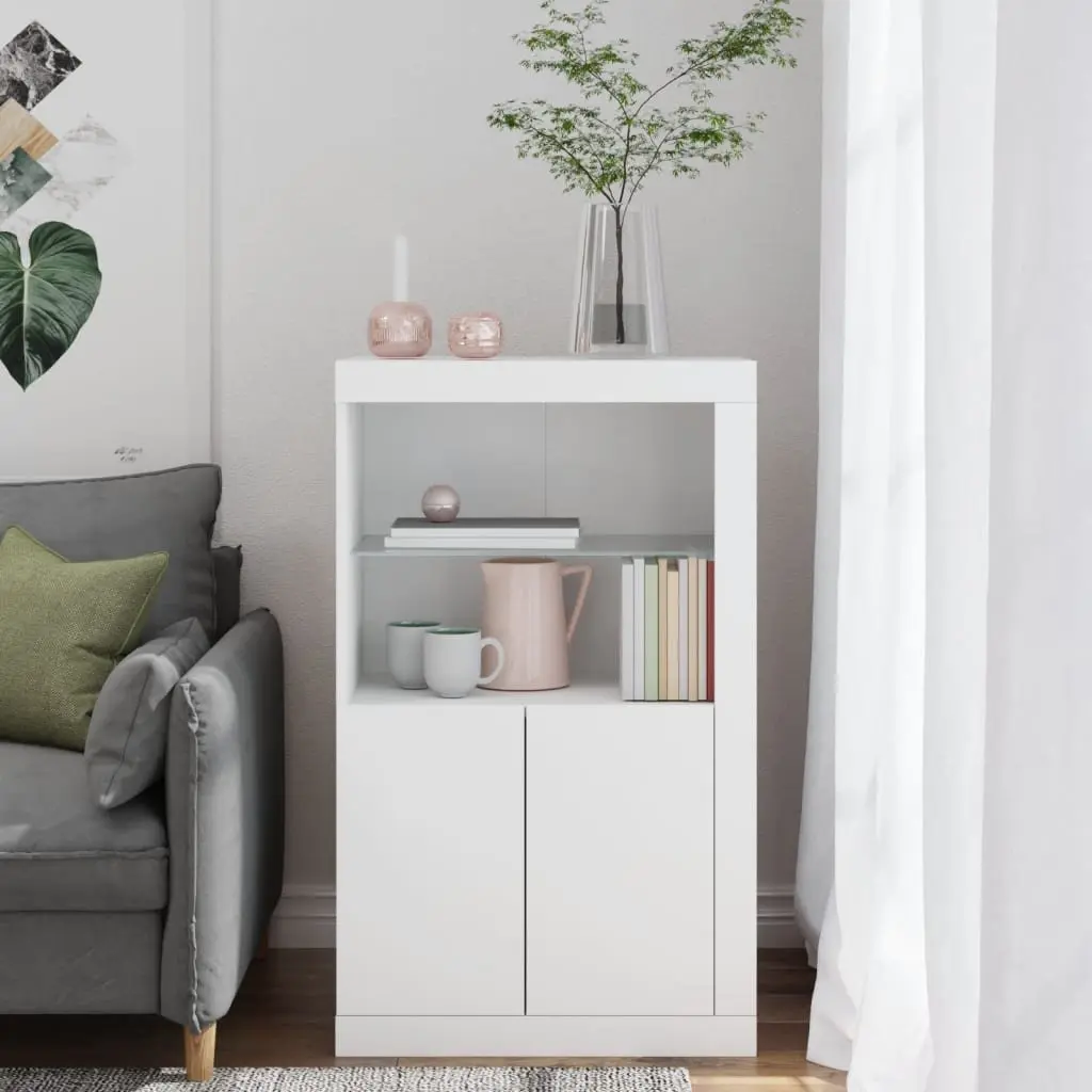 Side Cabinet Engineered Wood White with RGB LED Lights and Glass Shelf