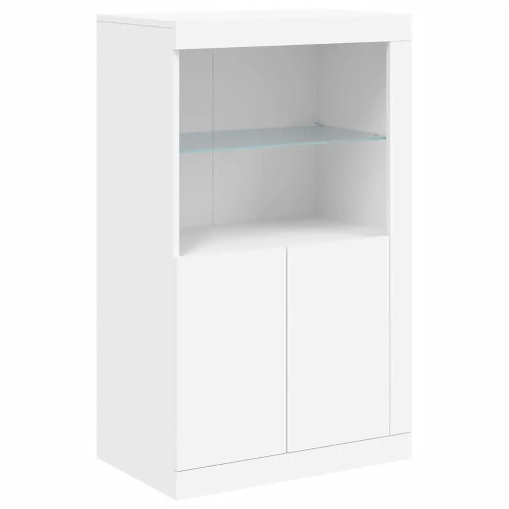 Side Cabinet Engineered Wood White with RGB LED Lights and Glass Shelf