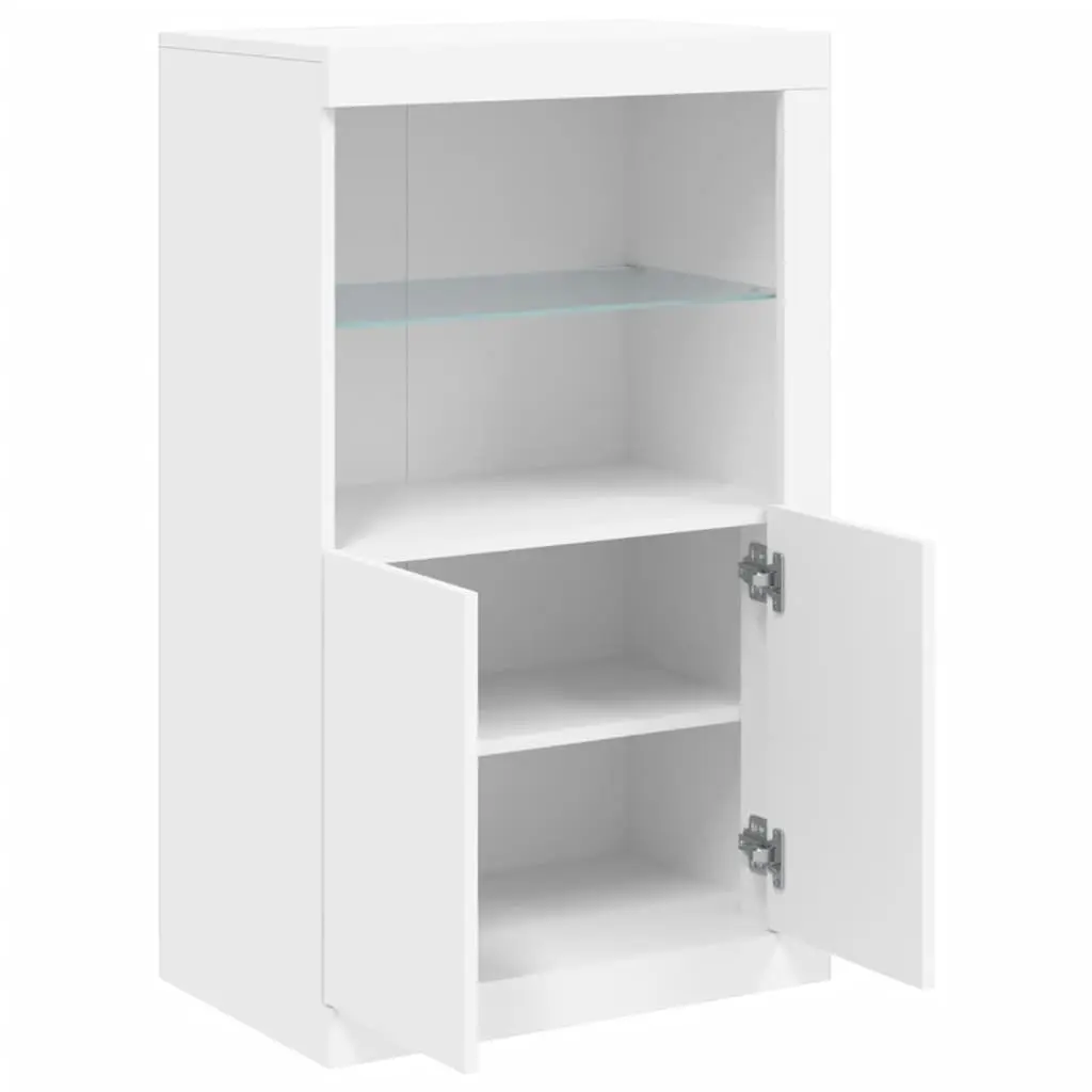 Side Cabinet Engineered Wood White with RGB LED Lights and Glass Shelf