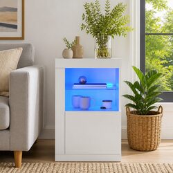 Side Cabinet with RGB LED Lights White Storage Unit Glass Shelf Door