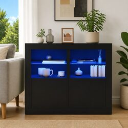 Side Storage Cabinet with RGB LED Lights Black Engineered Wood Modern Design