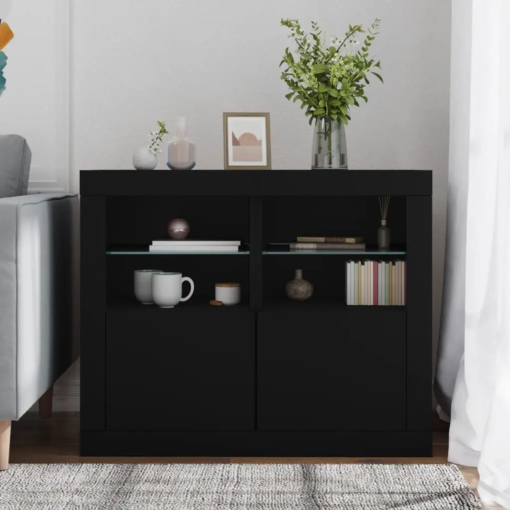 Side Storage Cabinet with RGB LED Lights Black Engineered Wood Modern Design