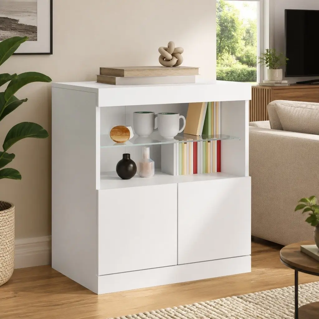 White Sideboard Cabinet Engineered Wood 60W x 37D x 67H cm with RGB LED Lights Storage Furniture