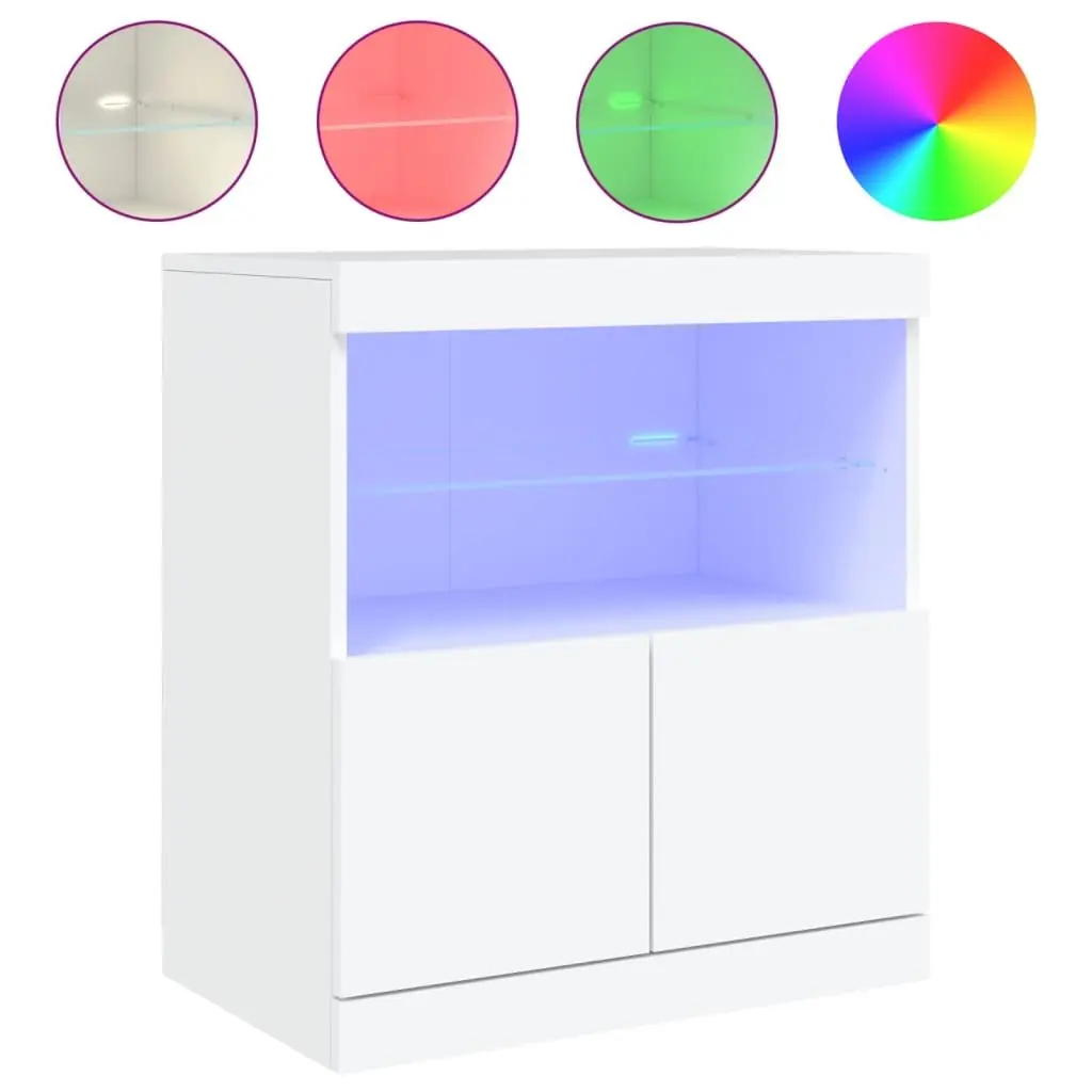 White Sideboard Cabinet Engineered Wood 60W x 37D x 67H cm with RGB LED Lights Storage Furniture