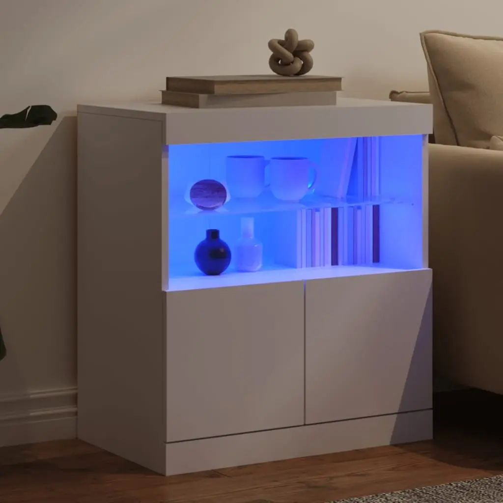White Sideboard Cabinet Engineered Wood 60W x 37D x 67H cm with RGB LED Lights Storage Furniture