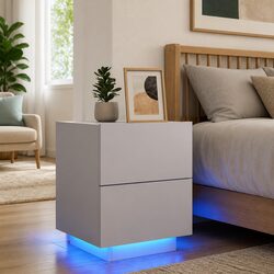 Bedside Cabinet with RGB LED Lights White Engineered Wood Nightstand Drawers