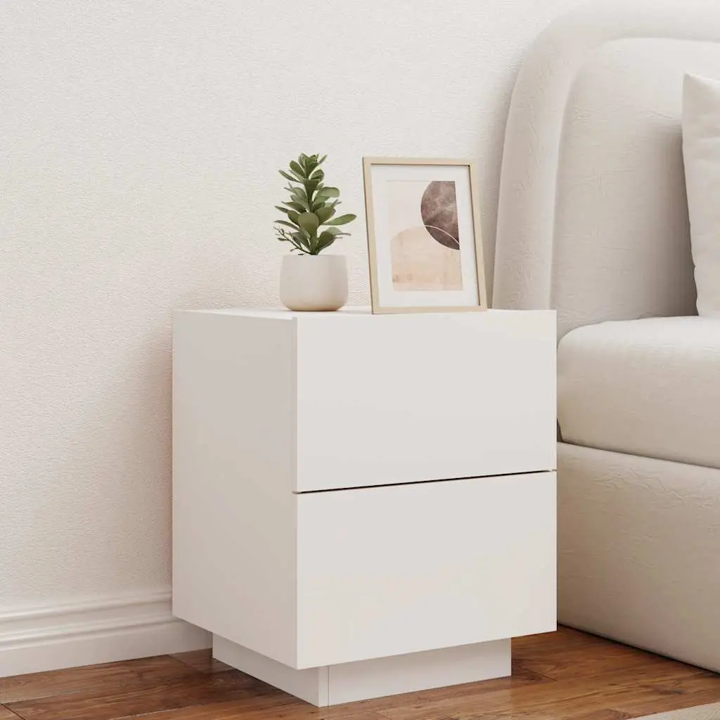 Bedside Cabinet with RGB LED Lights White Engineered Wood Nightstand Drawers