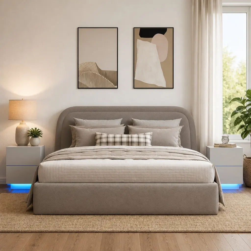 White Bedside Cabinet Set 2 Piece Engineered Wood with RGB LED Lights for Organized Storage