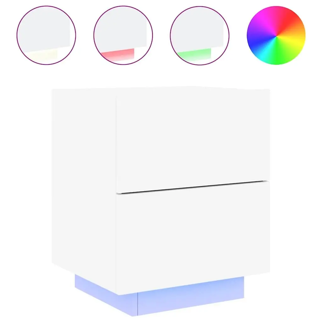 White Bedside Cabinet Set 2 Piece Engineered Wood with RGB LED Lights for Organized Storage