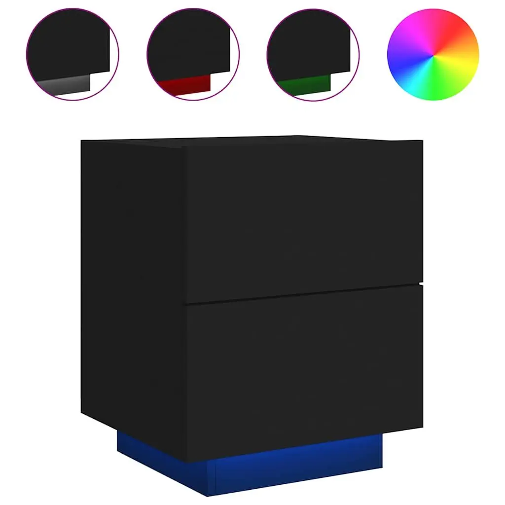 Bedside Cabinet Engineered Wood Black 2 Drawer with RGB LED Lights