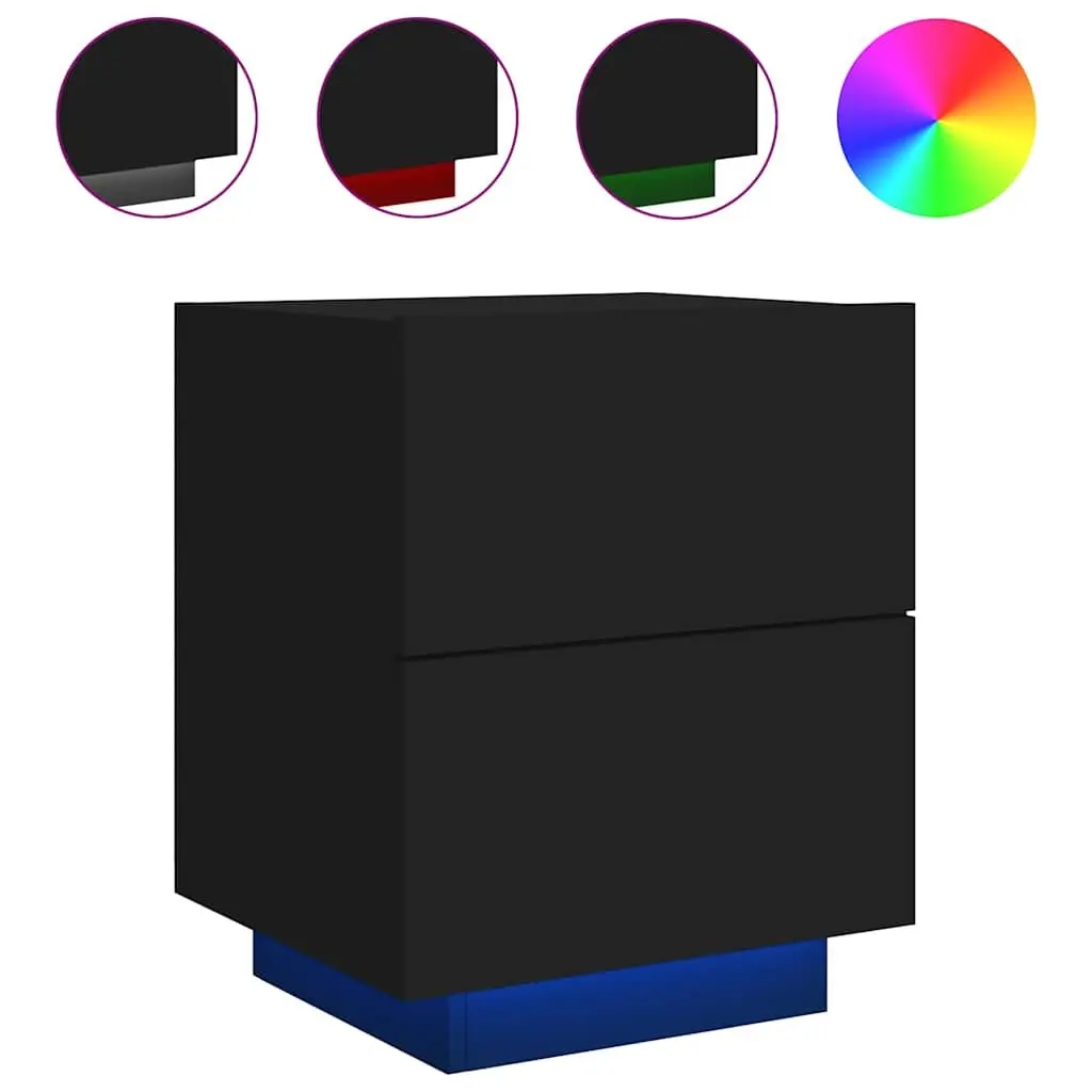 Black Bedside Cabinets 2 Pieces with RGB LED Lights Engineered Wood Storage Nightstand Drawers