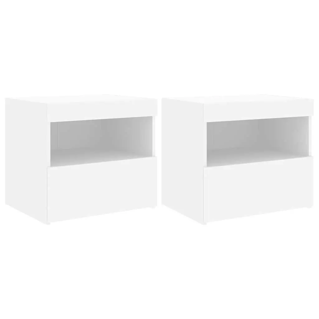 Bedside Table Engineered Wood 50W x 40D x 45H cm White with RGB LED Lights 2 pcs