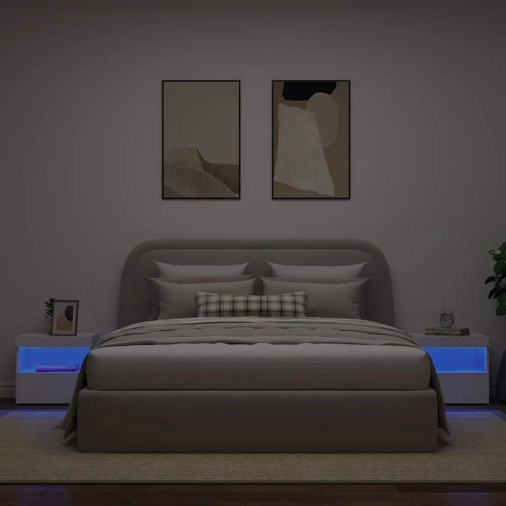 Bedside Table Engineered Wood 50W x 40D x 45H cm White with RGB LED Lights 2 pcs
