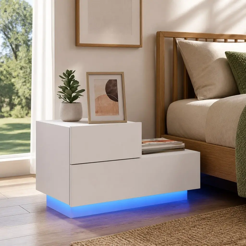 Bedside Cabinet Engineered Wood 70x36x40.5cm White with RGB LED Lights