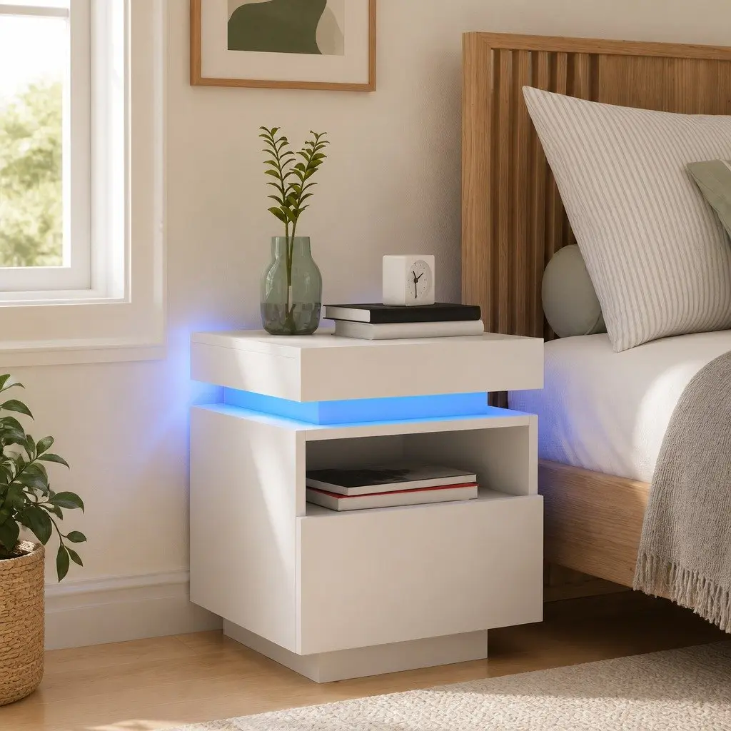 RGB LED Bedside Cabinet White Engineered Wood Storage Nightstand Table 40x39x48.5cm