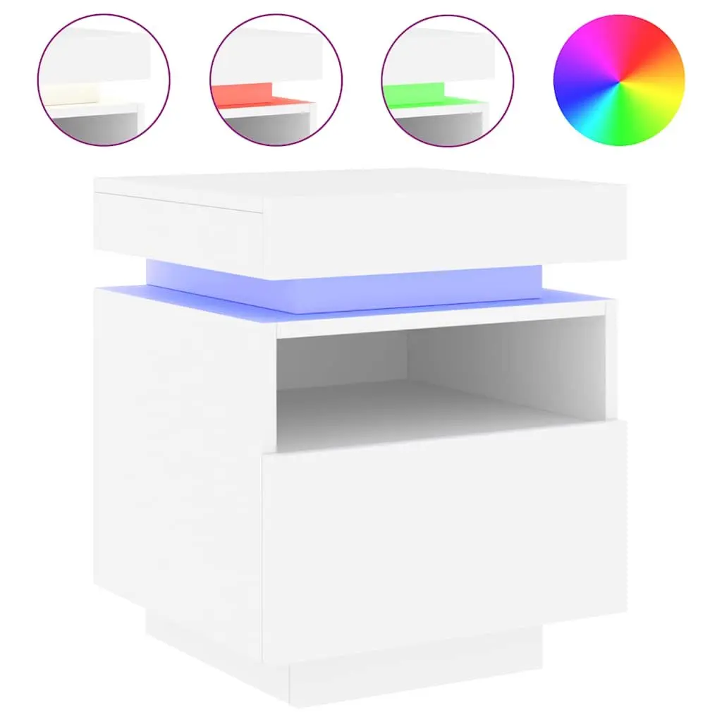 RGB LED Bedside Cabinet White Engineered Wood Storage Nightstand Table 40x39x48.5cm
