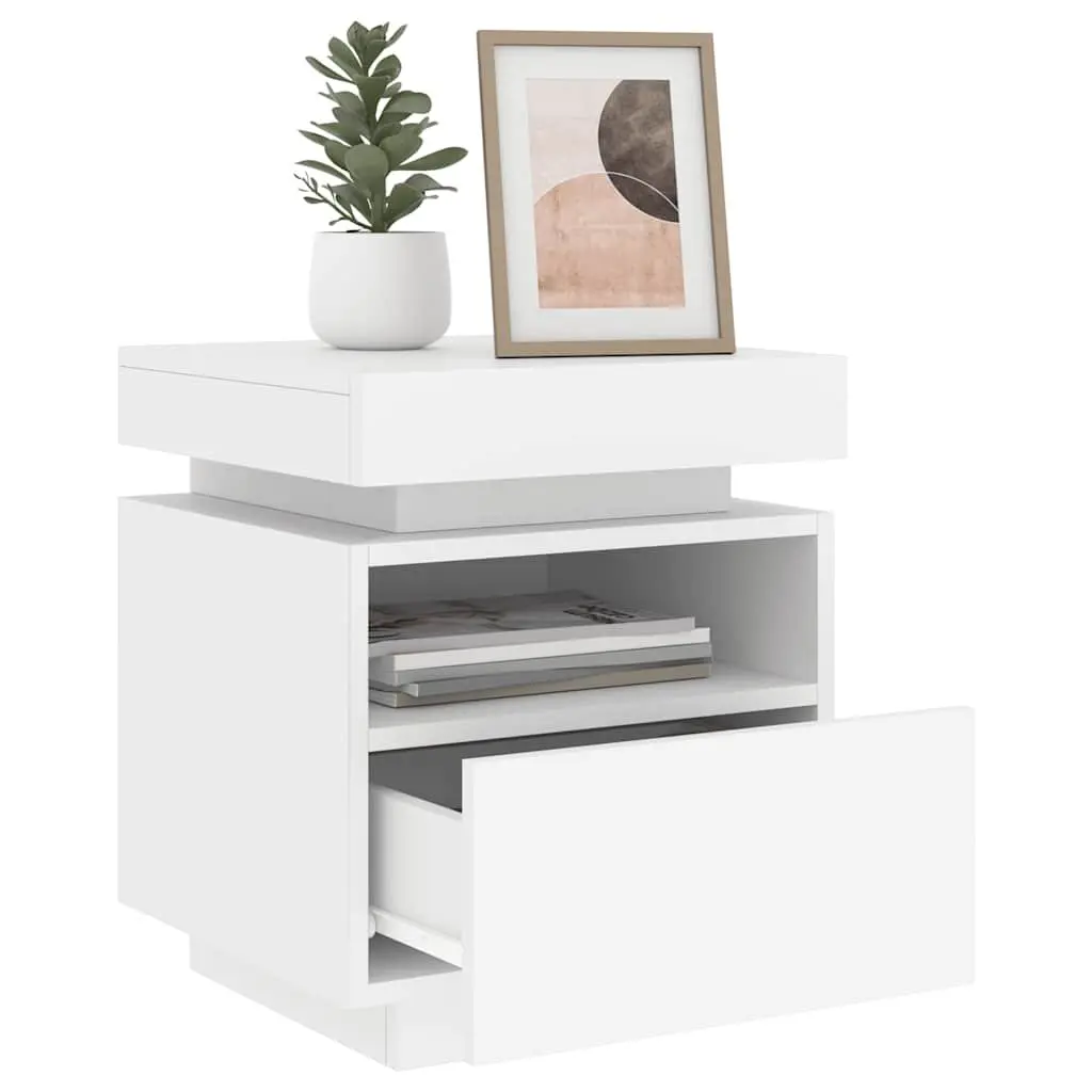 RGB LED Bedside Cabinet White Engineered Wood Storage Nightstand Table 40x39x48.5cm
