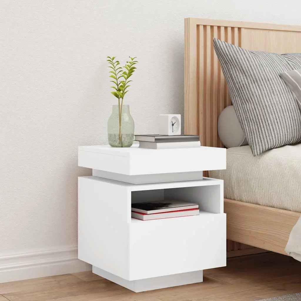 RGB LED Bedside Cabinet White Engineered Wood Storage Nightstand Table 40x39x48.5cm