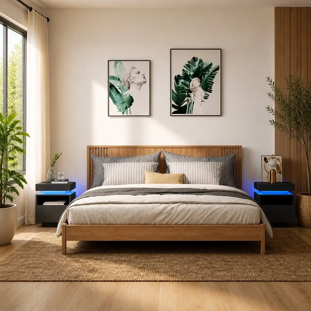 Bedside Cabinets Engineered Wood 40x39x48.5cm Black 2 Pieces with RGB LED Lights
