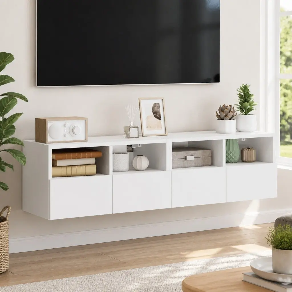TV Wall Cabinet Engineered Wood 60x30x30cm White Floating Storage Unit with Shelves and Door 2 Piece