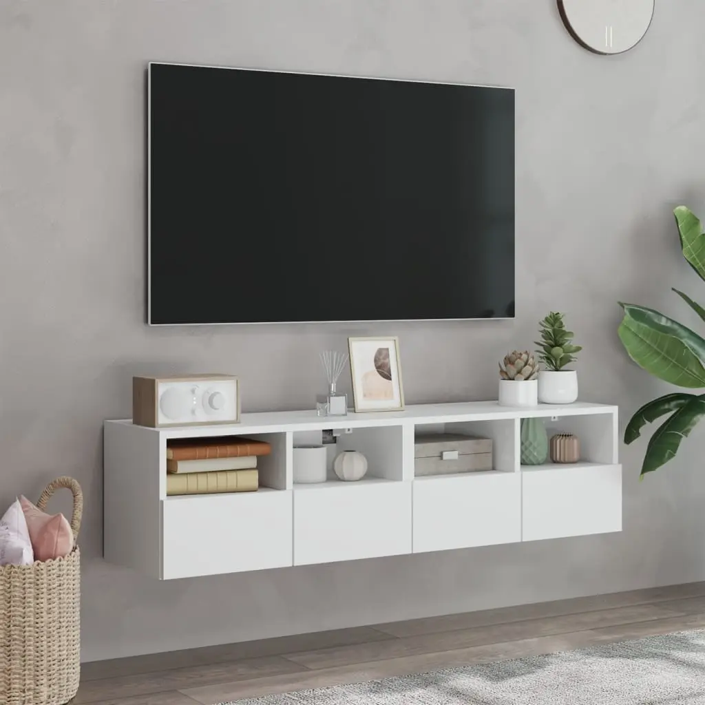 TV Wall Cabinet Engineered Wood 60x30x30cm White Floating Storage Unit with Shelves and Door 2 Piece