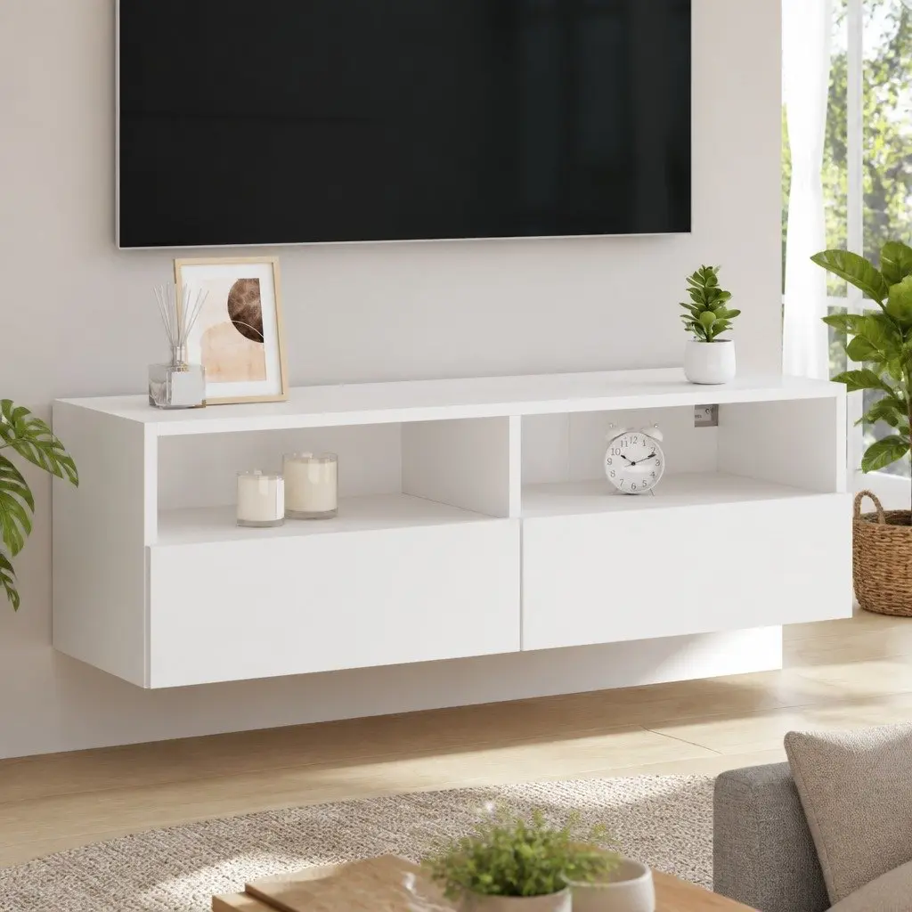 TV Wall Cabinet Engineered Wood 100cm White Floating Media Unit Storage Shelves Wall-Mounted