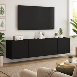 Wall-Mounted TV Cabinet 2 Pieces Black Storage Organiser Media Shelving Unit