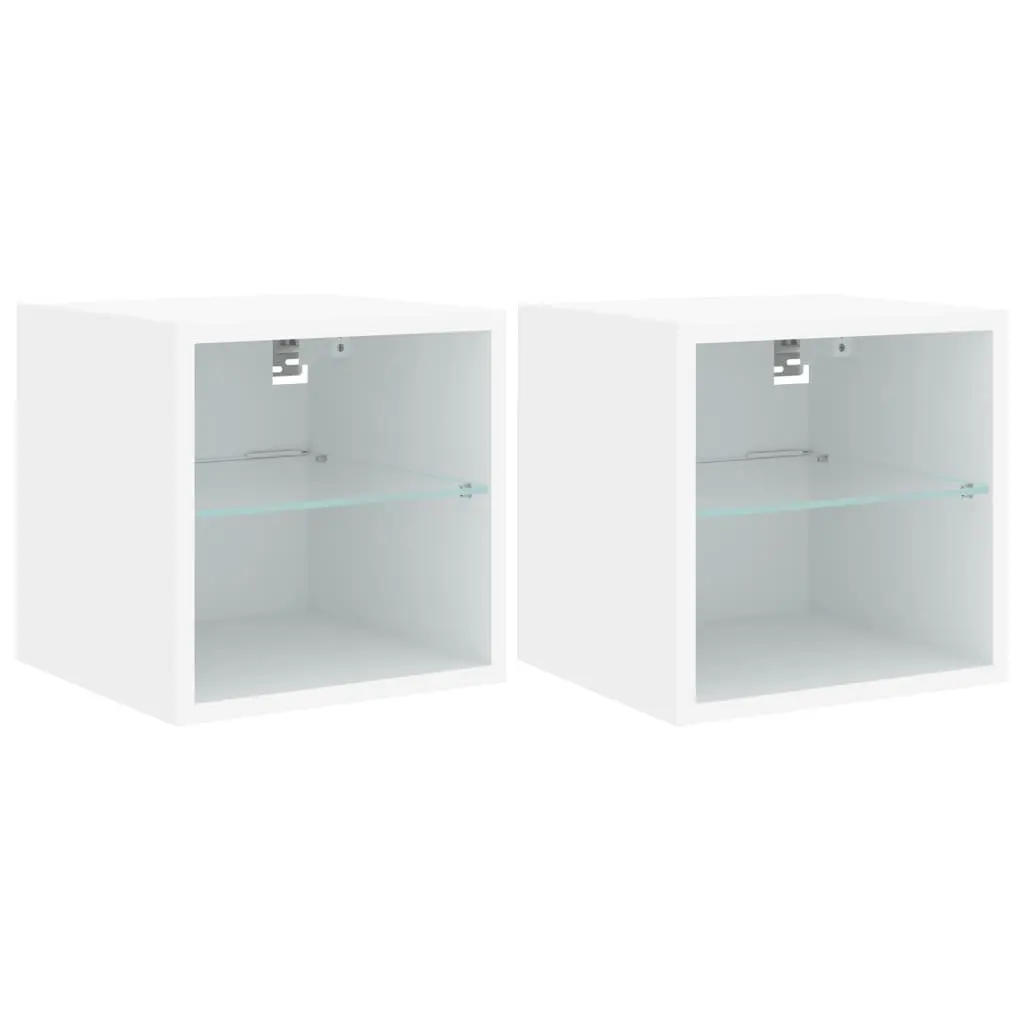 TV Wall Cabinet Engineered Wood Glass Shelf 30x28.5x30cm White with RGB LED Lights 2 Piece