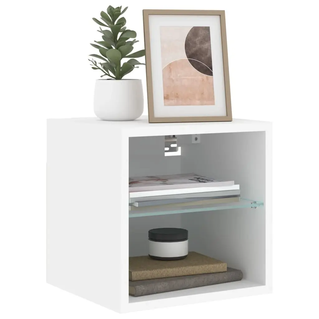 TV Wall Cabinet Engineered Wood Glass Shelf 30x28.5x30cm White with RGB LED Lights 2 Piece