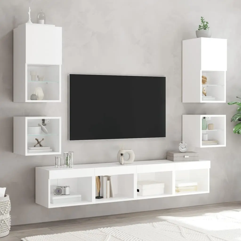 TV Wall Cabinet Engineered Wood Glass Shelf 30x28.5x30cm White with RGB LED Lights 2 Piece