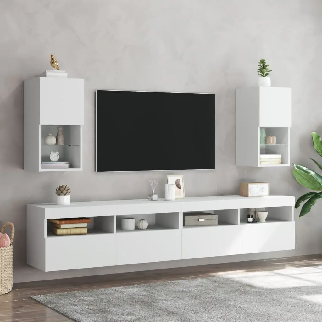 TV Cabinets Wall-Mounted Media Storage Units Engineered Wood 30.5 x 30 x 60 cm White Set of 2 with RGB LED Lights