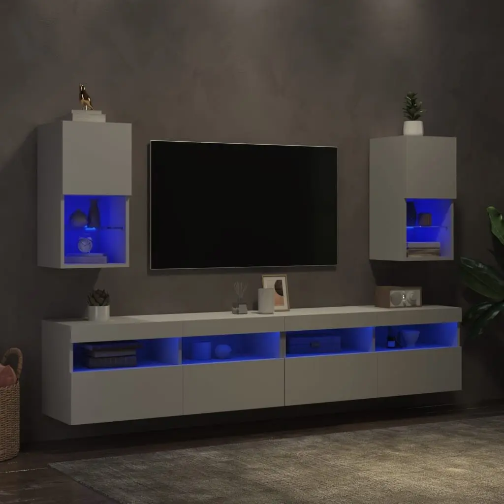 TV Cabinets Wall-Mounted Media Storage Units Engineered Wood 30.5 x 30 x 60 cm White Set of 2 with RGB LED Lights