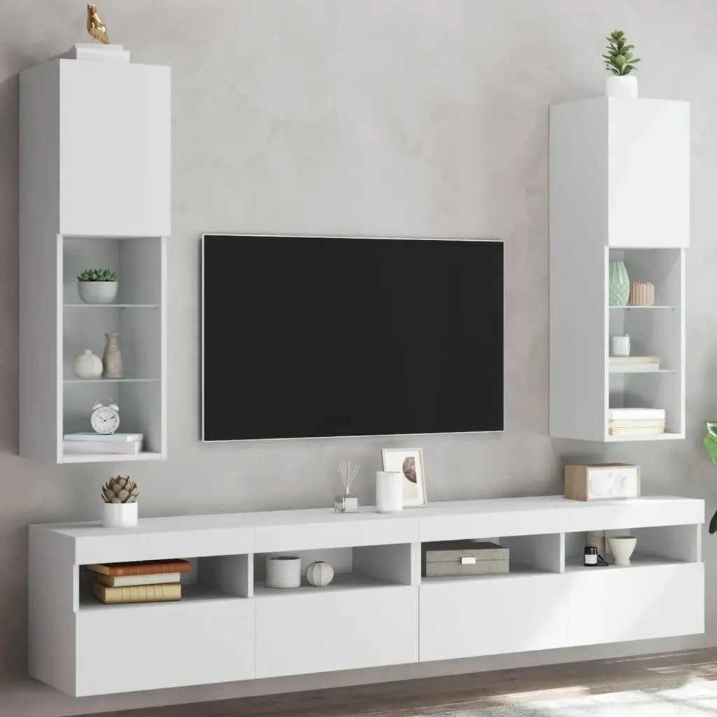 Wall-Mounted Storage Unit White TV Cabinet RGB LED Lights Engineered Wood 30.5x30x102cm 2 Piece