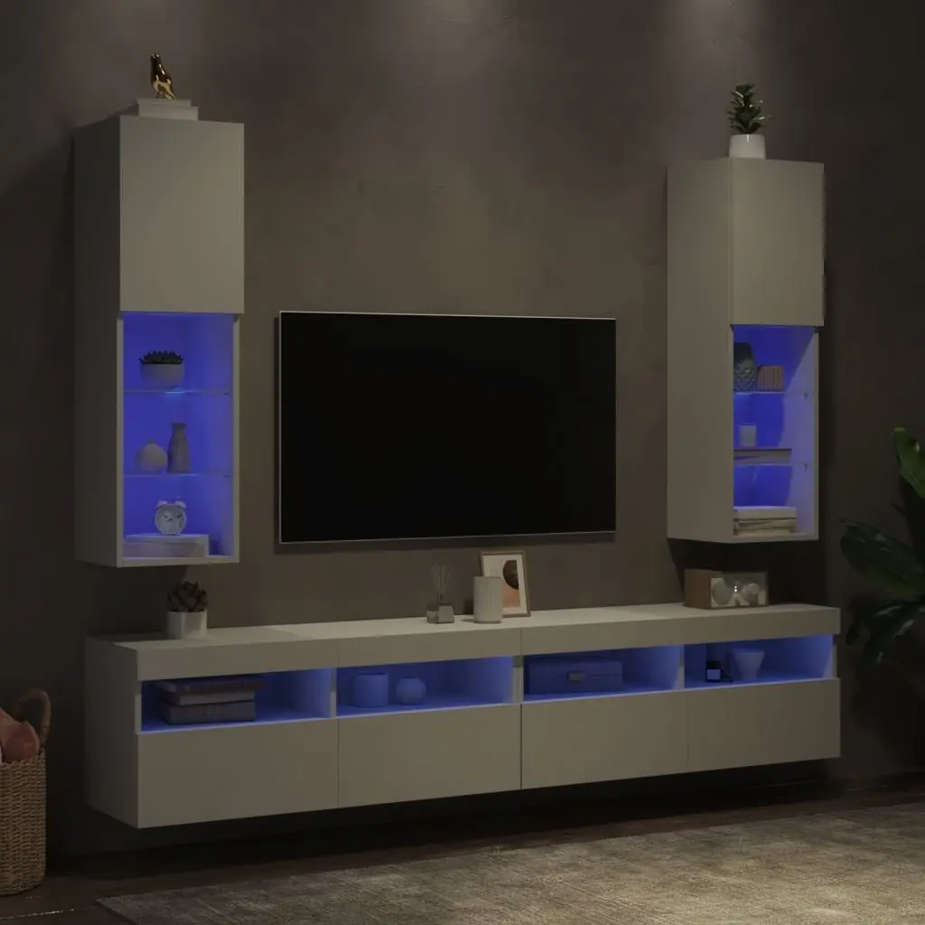 Wall-Mounted Storage Unit White TV Cabinet RGB LED Lights Engineered Wood 30.5x30x102cm 2 Piece