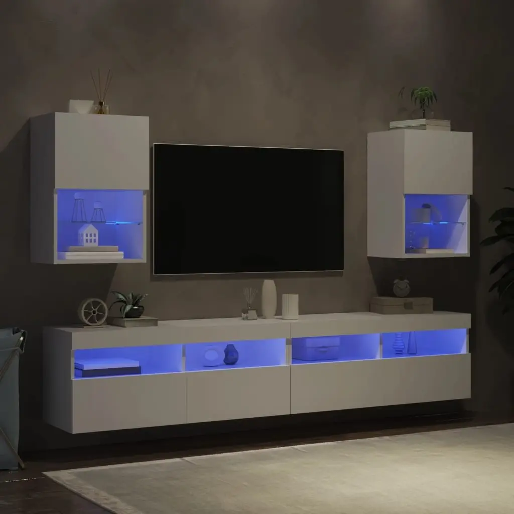 TV Cabinet Engineered Wood Wall-Mounted Media Storage Unit 40.5x30x60cm White with RGB LED Lights 2 Piece