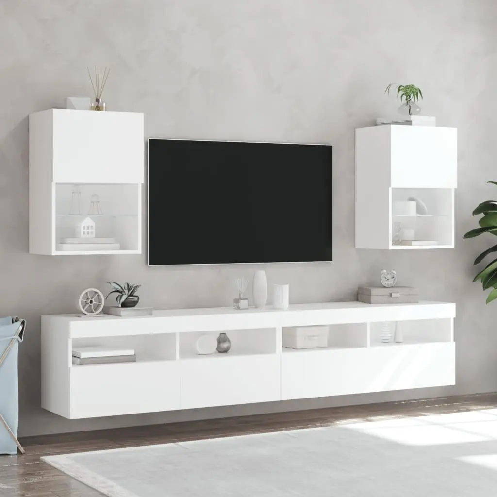 TV Cabinet Engineered Wood Wall-Mounted Media Storage Unit 40.5x30x60cm White with RGB LED Lights 2 Piece