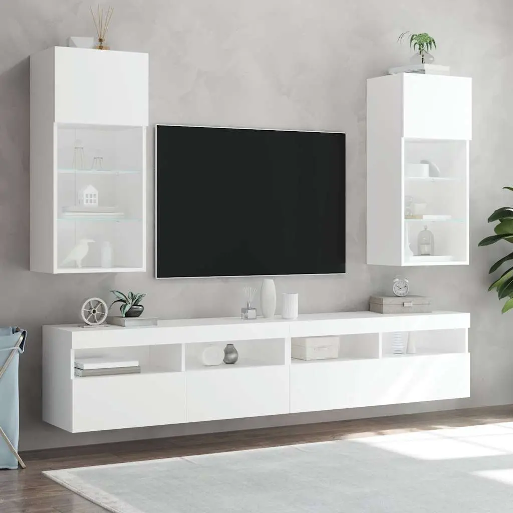 TV Cabinets Engineered Wood Wall-Mounted 40.5x30x90cm White RGB LED Lights Set of 2