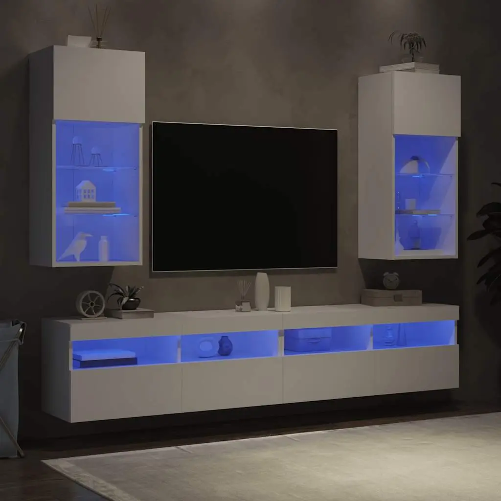TV Cabinets Engineered Wood Wall-Mounted 40.5x30x90cm White RGB LED Lights Set of 2