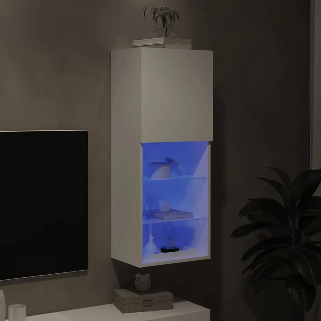 TV Cabinet with RGB LED Lights White Wall-Mounted Entertainment Unit Storage