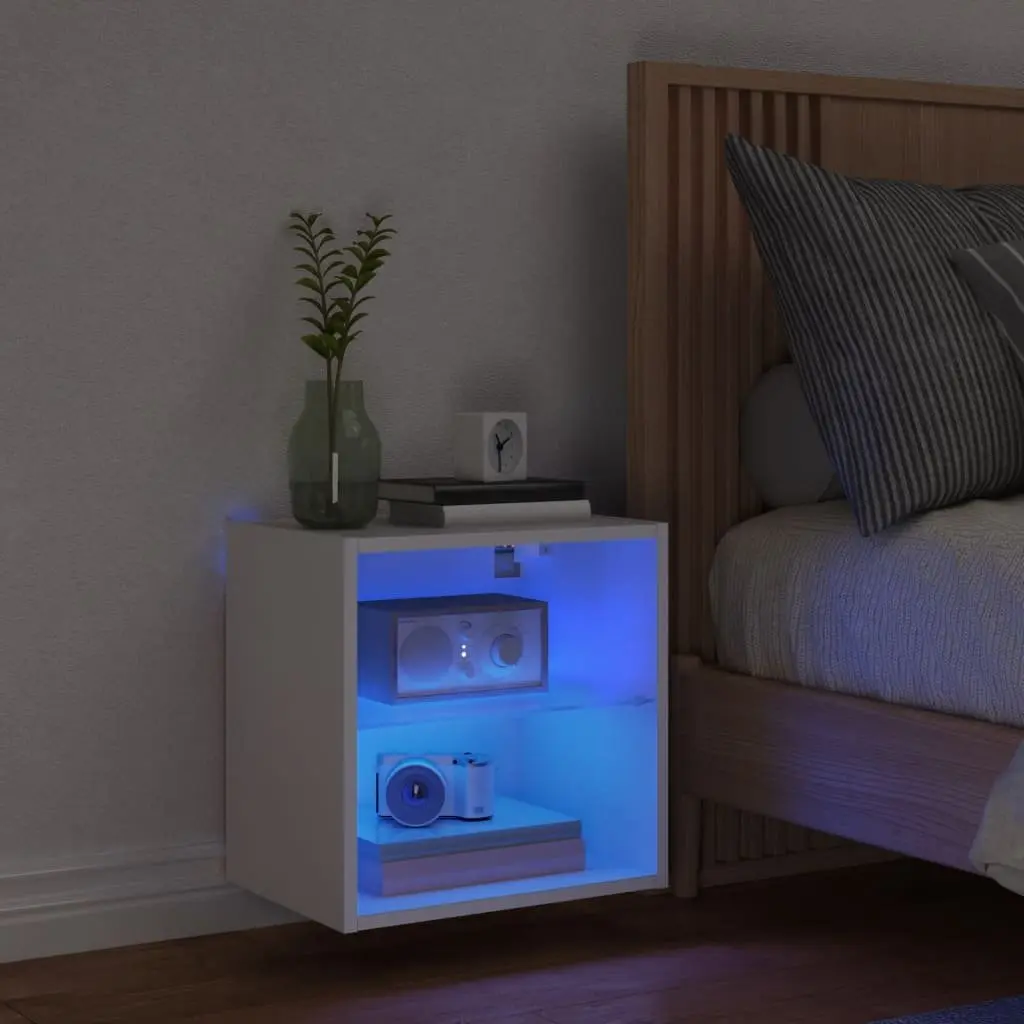Bedside Cabinet Wall-mounted Engineered Wood White with RGB LED Lights